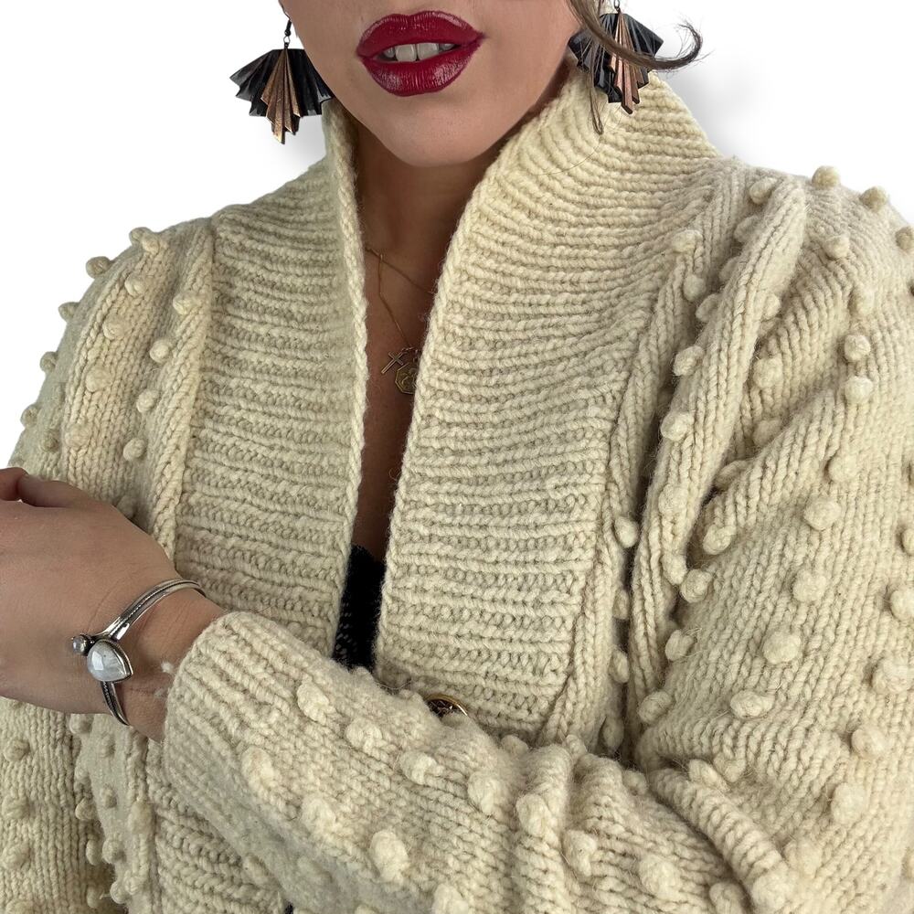 1970's cream pure natural Portuguese wool hand knit open cardigan - Picture 13 of 16